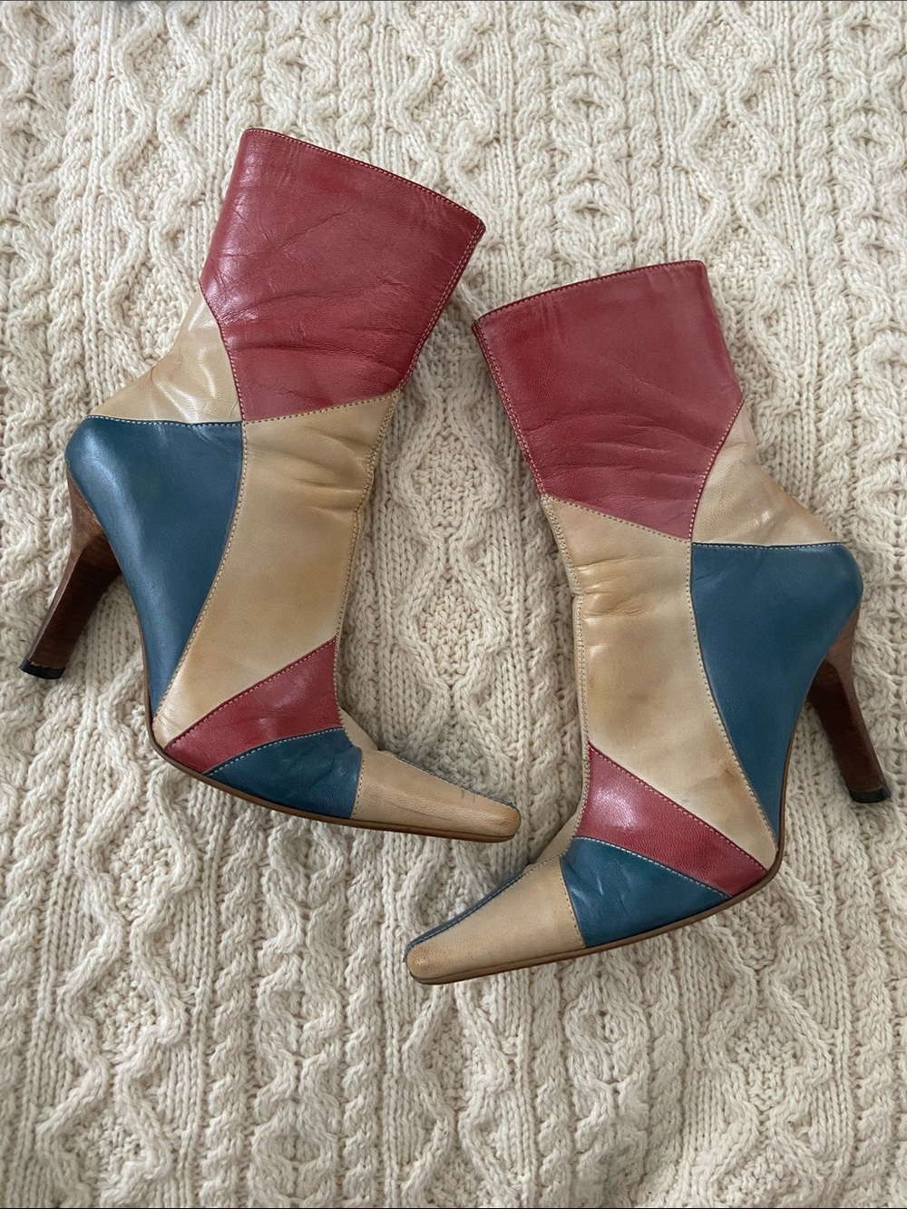 Diba Tri-Color Y2k Vintage Leather High Heeled Ankle Boots in Red, Beige & Blue